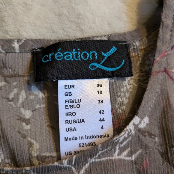 WOMEN'S SHIRT 4 Creation Blouse Floral Gray Pattern Hummingbird Flowy Sleeves - Picture 2 of 7